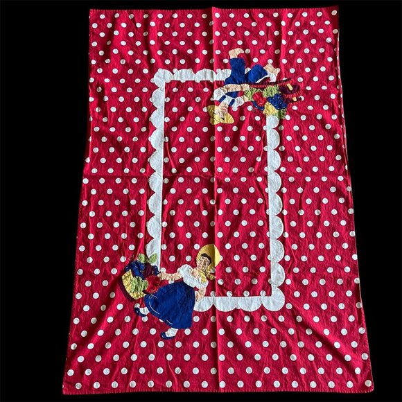 Vintage Red Polka Dot Tablecloth // Appliqued Boy & Girl Farmers Hand Stitched - Picture 1 of 6